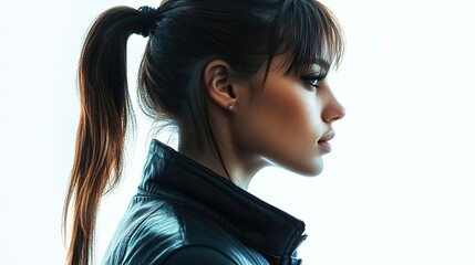 Profile view of a young woman with dark hair in a high ponytail, wearing a black leather jacket, against a bright white background.  Her expression is serious and her bangs partially obscure her eyes