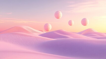 Pastel pink desert landscape with floating orbs