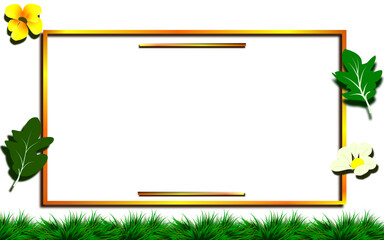 Blank frame border decoration with flowers and green grass on transparent background