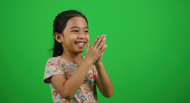 A joyful girl with hands clasped, ideal for promoting positive branding, children’s products, or educational content on websites.
