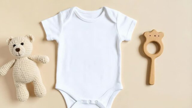 Overhead flat lay of white baby bodysuit, knitted teddy bear and wooden rattle on a beige background for baby products