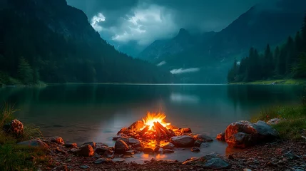 Gordijnen Campfire by a lake under moody mountains with dark, firelight, and calm nature scene. © YuLia