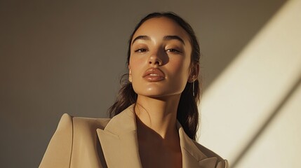 A young woman with tan skin and dark hair, wearing a light beige blazer, looks directly at the camera in a close-up portrait, illuminated by warm, diagonal 