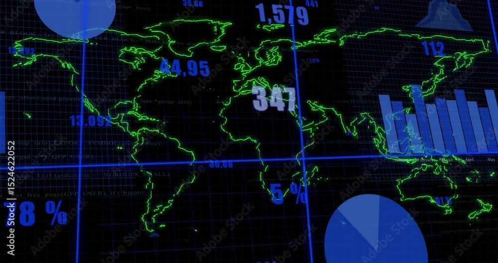 Poster opening neon-green map starting shifting bar chart and expanding pie segment presenting global data