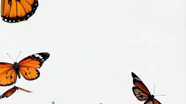 Multiple orange butterflies with black and white patterns flitting on a white background, macro insect group