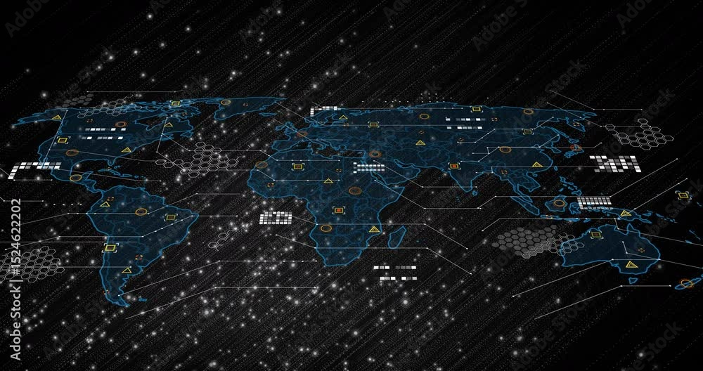 Poster on starting animation blue map outline expanding and nodes pulsing visualizing global data network
