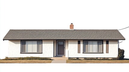 Ranch-style house, off-white stucco exterior, dark gray roof, brick chimney, double windows, dark brown door, small front yard.  Walkway leads to entry