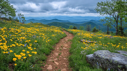 A serene hiking trail through a vibrant meadow of wildflowers overlooking misty blue mountains under a cloudy sky in
