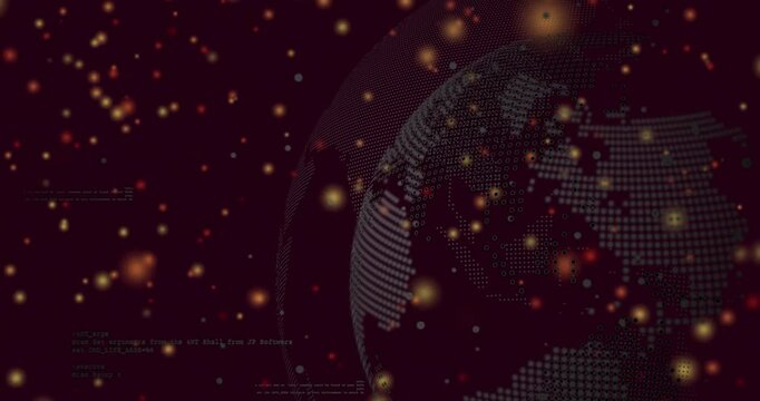 Initial glowing dots emerging as digital globe materializing and rotating showing data network