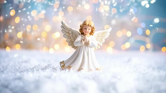 Cute angel figurine with folded hands resting on white snow in front of blurry golden lights creating a festive holiday season atmosphere.
