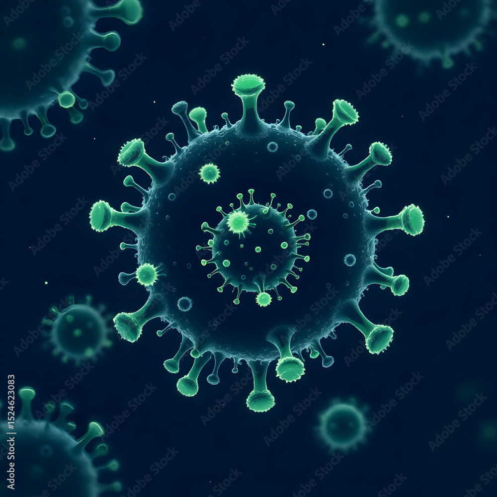 Poster microscopic view of a virus particle, detailed rendering showcasing its spiky structure and internal