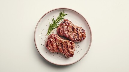 Overhead view of two grilled meat steaks on a plate, garnished with rosemary sprig and peppercorns.  The steaks are well-cooked and have visible grill marks