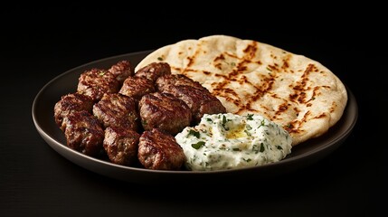 Grilled meatballs, creamy tzatziki, and a grilled flatbread served on a dark plate against a black background.  The food is meticulously arranged for visual appeal