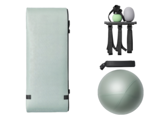 Light-green exercise equipment set, mat, resistance bands, balls