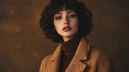 A young woman with short, curly brown hair, wearing a brown turtleneck and a textured brown coat, poses against a muted brown backdrop; her gaze is direct and her expression is serious