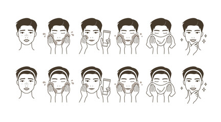 Attractive man character who washes his face. Male portrait cleansing face.