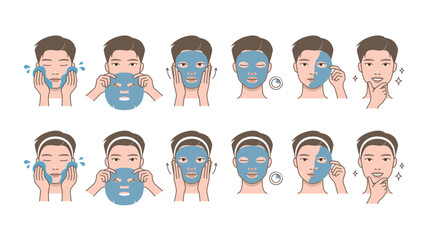 Fototapeta premium Cosmetic skin care routine_Attractive man using face pack, sheet mask. Male portrait grooming.