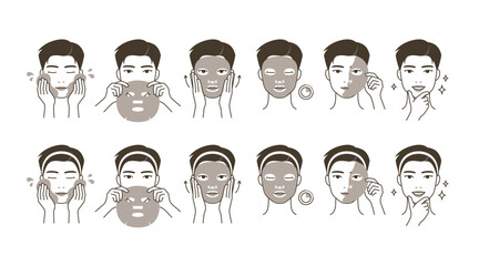 Cosmetic skin care routine_Attractive man using face pack, sheet mask. Male portrait grooming.