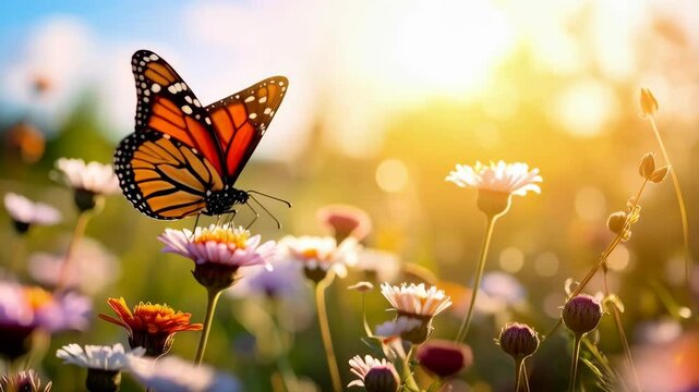 Monarch butterfly resting on colorful flower blossoms, illuminated by the warm glow of sunlight in a dreamy meadow landscape