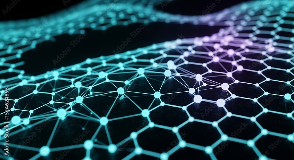 Poster futuristic abstract network: glowing nodes and connections, digital technology background
