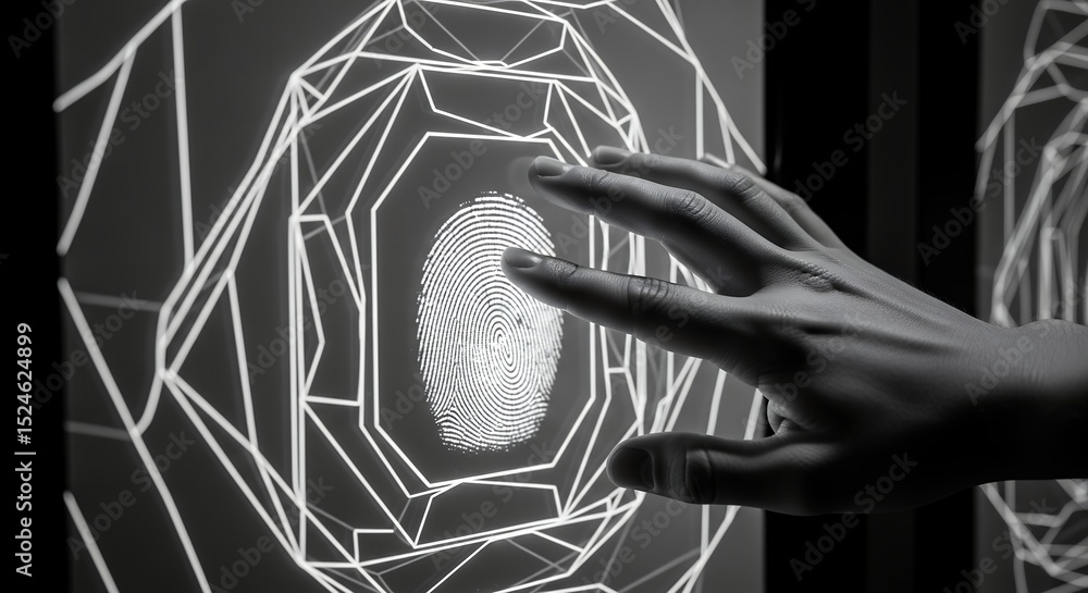Poster futuristic fingerprint scan: abstract hand interacting with digital biometric interface