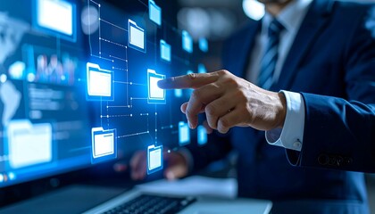 Modern analytics workspace featuring analyst typing with interactive data hovering nearby