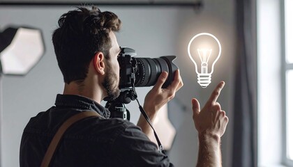Photographer reviewing shots in a creative studio with a finger pointing to a floating image