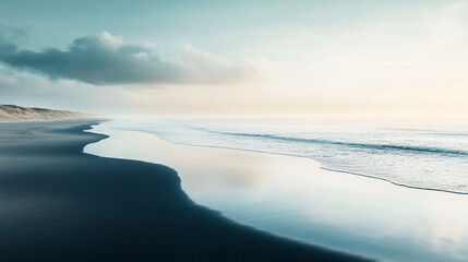 A serene ocean horizon meets a tranquil shore painted with soft morning light beckoning peaceful contemplation with cool