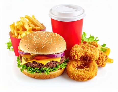 Classic fast food combo with cheeseburger crispy fried chicken onion s french fries and soda in takeaway containers on white background
