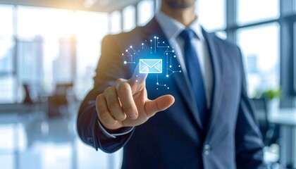 Futuristic office moment with anonymous founder pressing glowing email icon