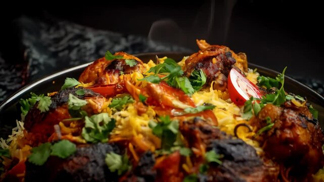 Flavorful chicken biryani rice dish plated with herbs and tomatoes, ready for gourmet dining in an authentic culinary experience