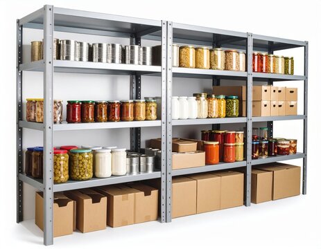 Industrial metal shelving unit filled with various jars boxes and packages organizing storage for pantry or warehouse with durable framework for heavy items