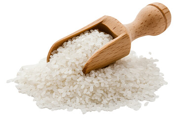 Raw Rice Pile with Wooden Scoop Inserted, Transparent Background