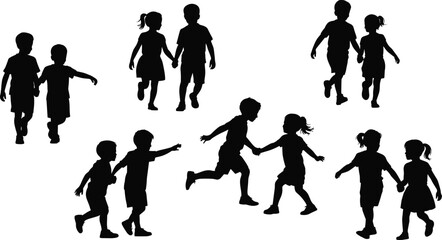 Silhouette of children walking, running, and holding hands, kids playing outdoors, joyful childhood moments, friendship, activity, motion, unity illustration flat vector illustration