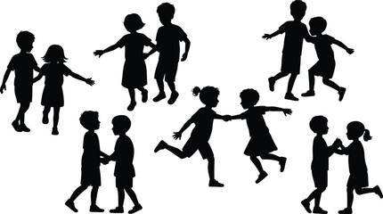 Silhouette of children playing together, running, holding hands, jumping, happy kids activity, outdoor fun, childhood moments, vector illustration, isolated flat vector illustration