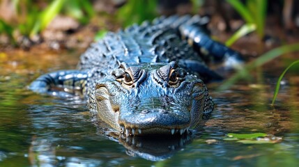 Fototapeta premium Alligator lurking, submerged in water, staring intently, ready to pounce