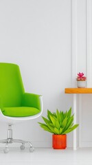 Modern Minimalist Office Workspace with Green Chair and Plants