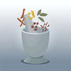 Mortar pestle and herbal design illustration