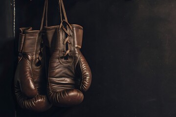 Professional red boxing gloves hanging on dark background. Ideal for gym, boxing, training, strength, or combat-themed visuals. Perfect for sports, fitness, and competition concepts.


