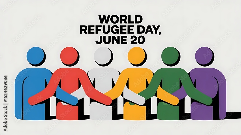 Fototapete minimalist row of stylized figures, holding hands underneath the text world refugee day banner for w