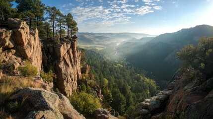 Mountain scenery with a valley and dense forest.