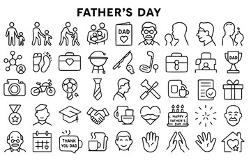 Obraz premium Father's Day Icons Set: Dad, Family, Love, Hug, Father and Child, Card, Portrait, Tie, BBQ, Fishing, Golf, Briefcase, Trophy, Camera, Bicycle, Soccer, Tools, Coffee, Handshake, Graduation, Medal, Gift