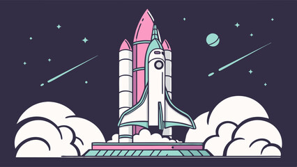 Fototapeta premium Cartoon Rocket Launching into Space with Stars and Clouds