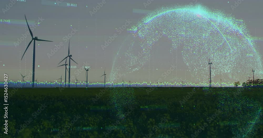 Poster flickering data points initiating globe over wind turbine row while visualizing live monitoring