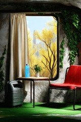 Red Chair by Window with Autumnal City View