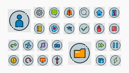 A modern flat-style interface icon set, including user, file, settings, home, music, chat, arrow, gear, and navigation icons for apps and websites.