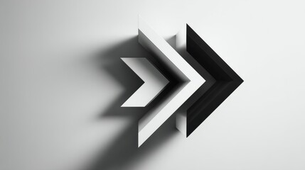 Abstract black directional symbols with sharp shadows on white, geometric precision in modern design
