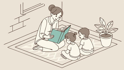 Fototapeta premium Mother Reading a Book to Two Children on a Rug