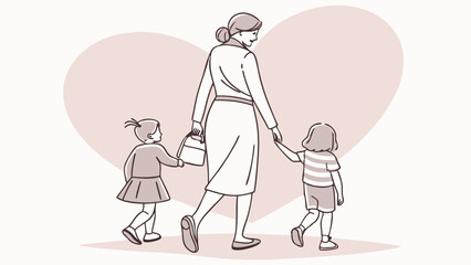 Mother Walking with Two Children Holding Hands Illustration