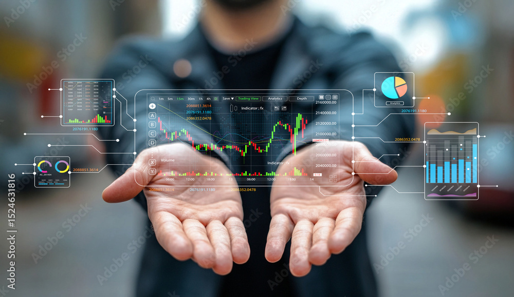 Poster man holding hands in front of digital stock market charts and data visualizations representing finan